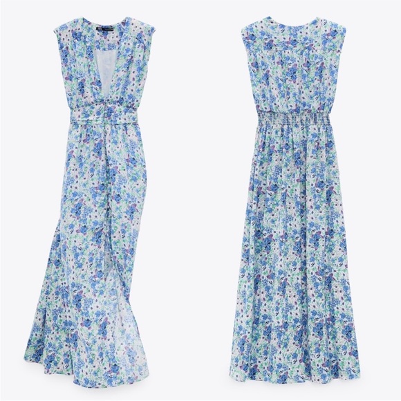 NWT Zara Blue Floral Printed Midi Summer Sun Dress White 8342/332 Medium Maxi - Picture 5 of 11